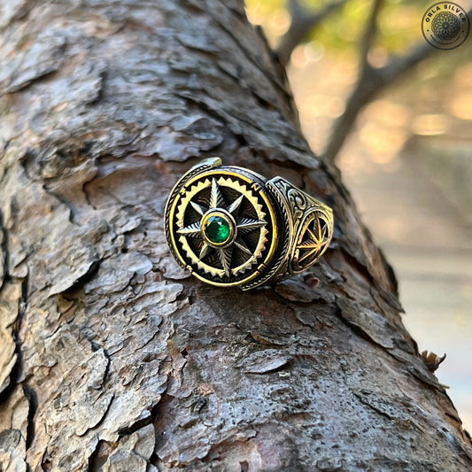 Silver Fidget Spinner Compass Ring with Green Zircon Stone on tree
