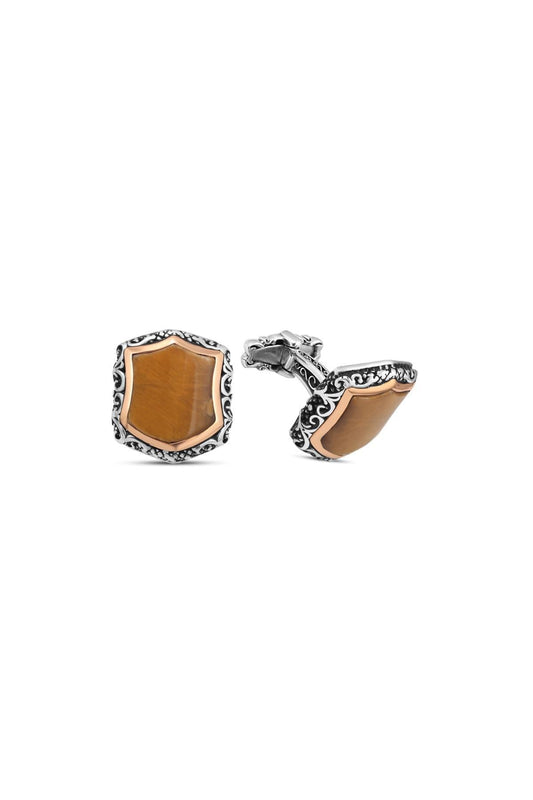 Tiger Eye Cufflinks with Engraved Edges