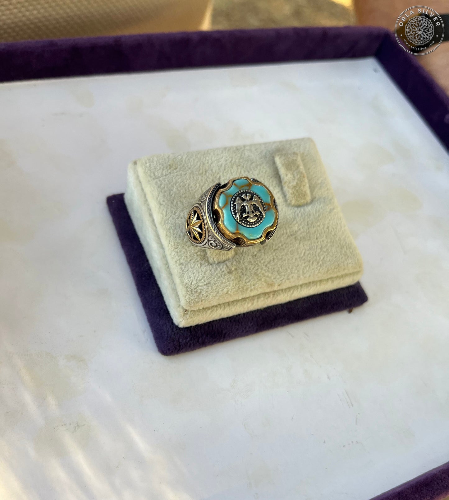 Double-Headed Eagle Fidget Spinner Ring with Turquoise Stone box