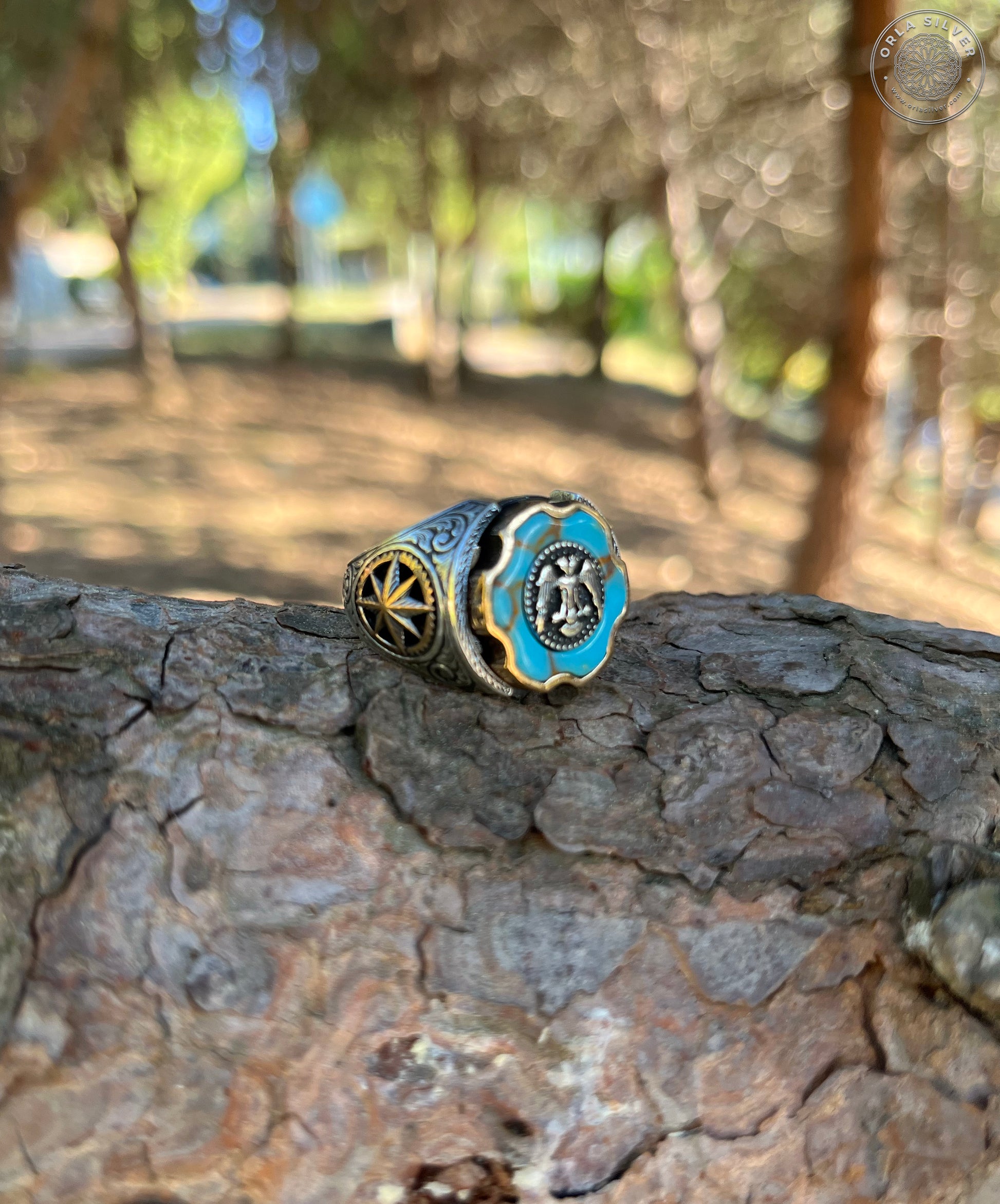 Double-Headed Eagle Fidget Spinner Ring with Turquoise Stone on tree